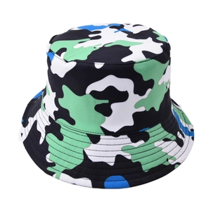 Detailed view of colorful camouflage bucket hat with reinforced stitched brim detail