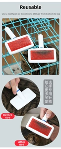 Detail view of reusable pet deshedding brush showing grooming results on a white cat