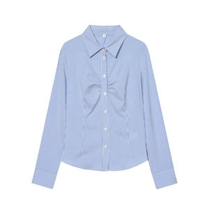 Slim fit women's long sleeve shirt with blue and white stripes and front pleat detail