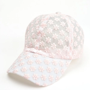 Detail of pink floral embroidery and breathable white mesh on the baseball cap