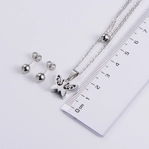 Silver stainless steel jewelry set with butterfly pendant necklace and ball stud earrings