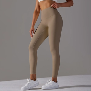 High-waist khaki yoga pants with seamless design and butt-lifting compression fit