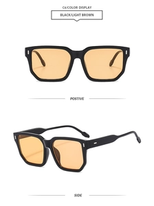 Detailed views of square black retro sunglasses with silver rivets and light brown lenses