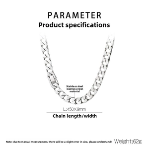 Close-up of 9mm stainless steel Cuban link necklace showing detailed dimensions and 62g weight