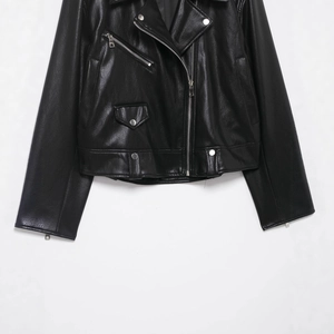 Women's black faux leather biker jacket with diagonal zipper and notched collar detail