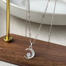 Detail of silver crescent moon and star pendant necklace with sparkling zircons on wooden stand