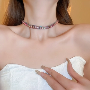 Close-up of model wearing colorful rhinestone choker necklace and matching stud earrings
