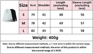 Detailed size chart for lace patchwork long sleeve jacket showing bust and length measures