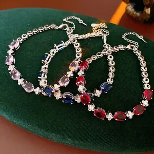 Elegant zircon bracelets with oval pink blue and red gemstones in silver floral settings