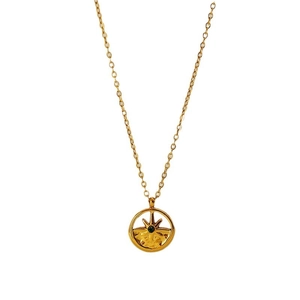Vintage gold-plated stainless steel necklace with sun moth pendant and green gemstone