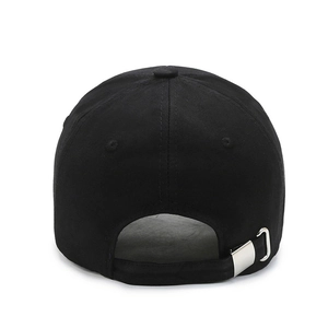 Back view of black cotton baseball cap featuring adjustable silver metal buckle strap