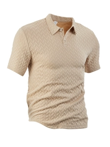 Close-up of khaki short sleeve Polo shirt showing detailed herringbone textured fabric