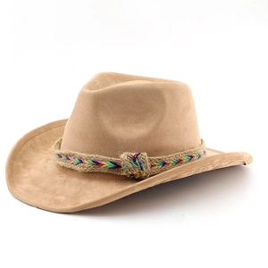 Detail of western suede cowboy hat with ethnic braided band on white background