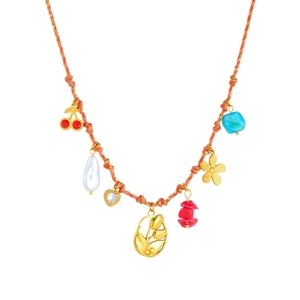 Handmade orange woven necklace with colorful tulip flower and cherry diamond pendants