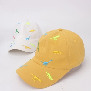 Adjustable kids baseball caps in white and yellow featuring cute dinosaur embroidery