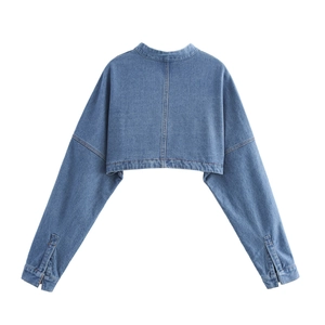 Vintage blue short denim jacket for women featuring a cropped back view with detailed stitching
