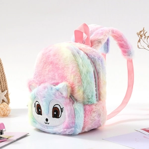 Rainbow plush backpack for girls with cute cat embroidery and soft faux fur texture