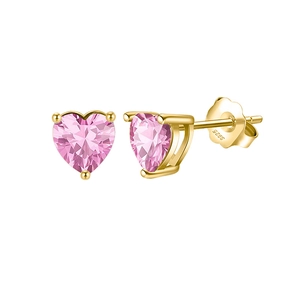 Detail view of S925 sterling silver stamp on heart-shaped pink zircon stud earrings