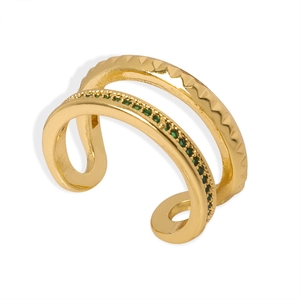 Gold double-layer geometric ear cuff with sparkling green zircon and wavy texture detail
