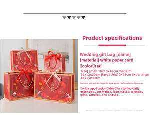 Set of four red wedding gift bags with gold ribbon handles and floral patterns