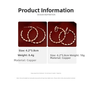 Detailed view of rose gold twisted geometric hoop earrings in stud and clip-on styles