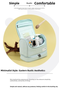 Detail showing dual-layer storage of mint green toiletry bag with travel containers