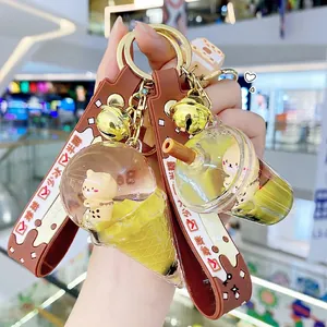 Creative Cartoon Bear Pearl Milk Tea Liquid Floating Keychain Backpack Hanging Ornament Beverage Cup Key Ring Gift For Women
