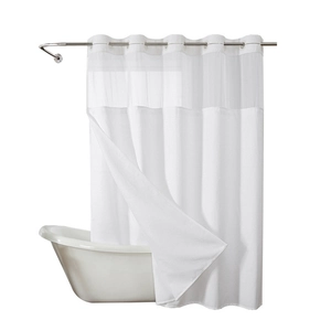 White waffle weave shower curtain with translucent mesh window and metal grommet top