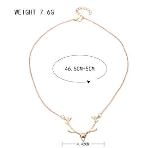 Rose gold reindeer antler pendant necklace with adjustable chain and product measurements