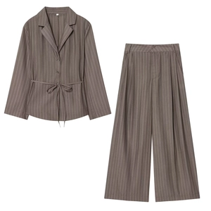 Tenues Blazer À Rayures Et Pantalon Large Pour Femmes Revers Manches Longues Polyester Streetwear Bureau Élégant Automne