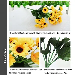 Artificial sunflower bouquet with 24 silk heads and 30cm stem for home interior decor