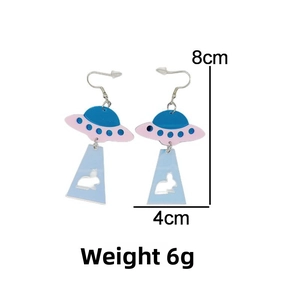 Detailed view of UFO acrylic earrings with pink and blue colors and bunny silhouette