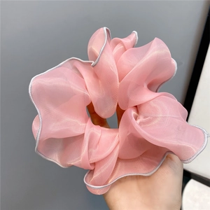 Pink sheer organza oversized scrunchie with contrasting grey trim edge for women