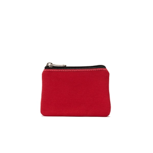 Minimalist red canvas coin purse for women with black zipper and white stitching