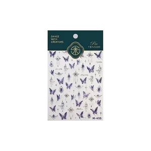 Golden butterfly nail stickers with purple patterns and vintage jewel designs in M-485