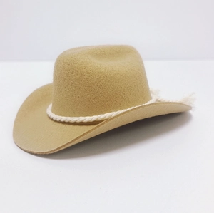 Detailansicht des khakifarbenen Filz-Cowboy-Haustierhutes mit weißem Seil und Stern