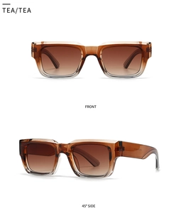Detailed views of square tea sunglasses showing front and 45-degree angle on white background