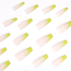 Nude pink coffin press-on nails with green French tips and white butterfly patterns