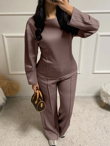 Women casual purple two-piece set featuring long sleeve top and wide leg pants