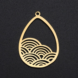 Macro view of golden teardrop pendant featuring traditional Seigaiha wave cutout pattern