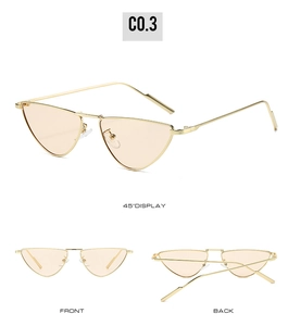 Three-angle view of gold metal cat-eye sunglasses with amber lenses showing frame structure