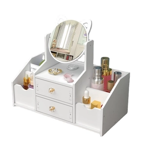 White wooden makeup organizer with cat-ear mirror and two storage drawers on white background