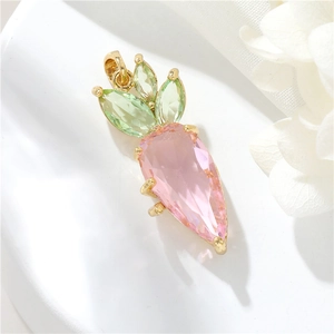 Exquisite carrot-shaped pendant with pink teardrop crystal and green gem leaves details