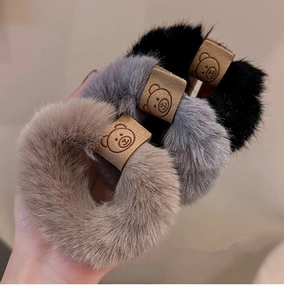 Autumn winter fluffy plush hair scrunchies cute bear leather tag sweet hair ties for women