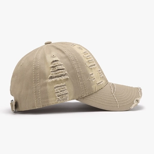 Outdoor distressed khaki baseball cap with ripped details and adjustable metal buckle