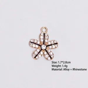 Elegant five-petal flower alloy pendant with white rhinestones and black outlines