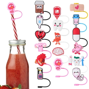 12-piece nurse themed silicone straw covers with medical icons for tumblers