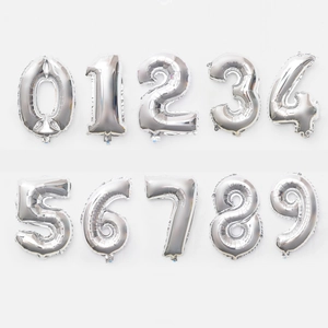 Silver 0-9 number foil balloons set for birthday party decorations on white background