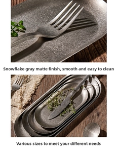 Close-up of matte snowflake grey stainless steel oval plates with vintage cutlery