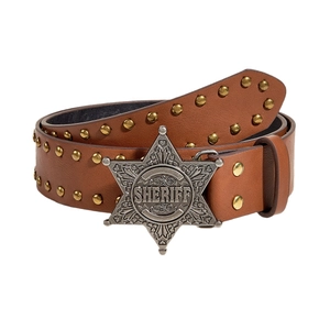 Brown leather punk belt with gold rivets and silver Sheriff star buckle on white background